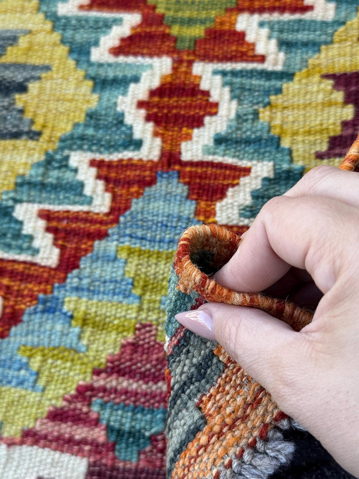 2x5 Handmade Afghan Kilim Runner Rug | Burnt Orange Rust Red Cream White Mustard Yellow Olive Green Teal Aqua Blue Burgundy Purple Grey