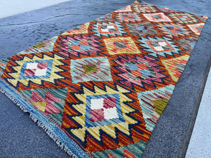 2x5 Handmade Afghan Kilim Runner Rug | Burnt Orange Rust Red Mustard Yellow Aqua Blue Teal Navy Cream White Olive Green Pink Purple | Wool