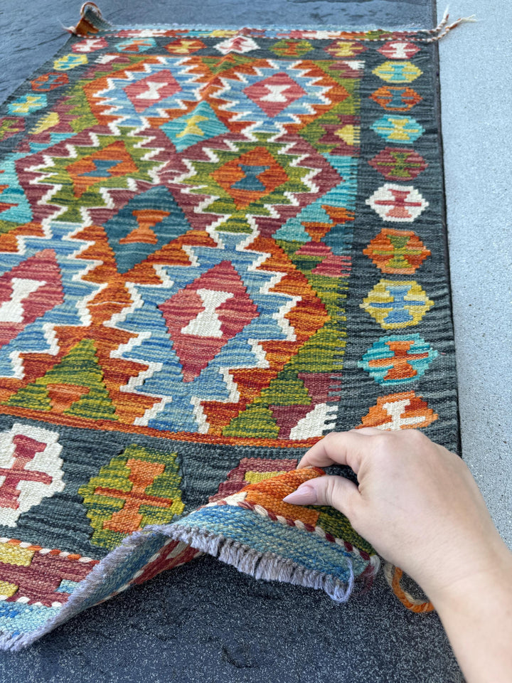 3x4 Handmade Afghan Kilim Rug | Charcoal Grey Rust Red Burnt Orange Cream White Mustard Yellow Olive Green Aqua Blue Teal Navy | Flatwoven