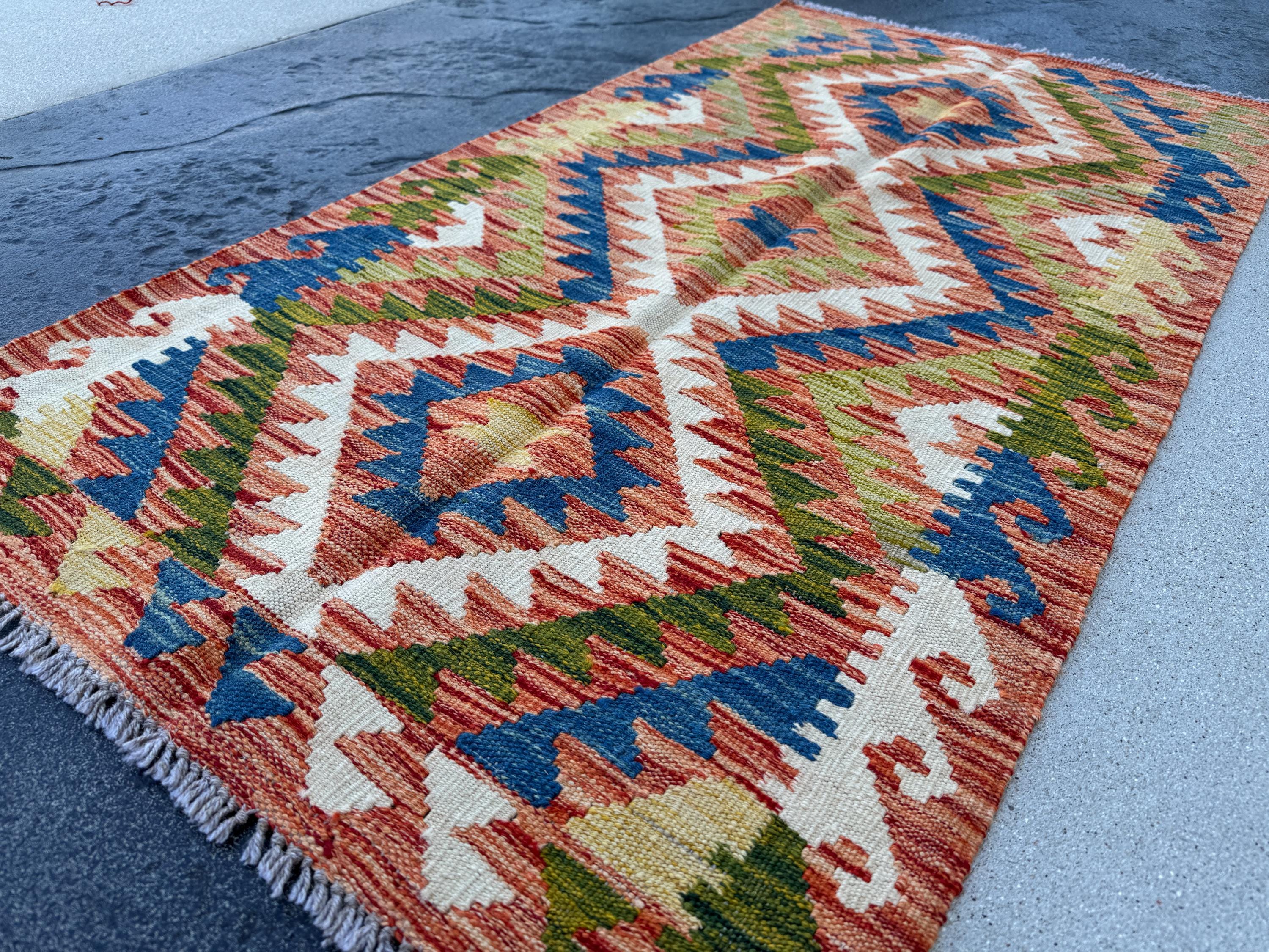 3x5 (91x152) Handmade Afghan Kilim Rug | Black Burnt Orange Cream Beige Red Blue Teal Mint Green Purple | Wool Flatwoven