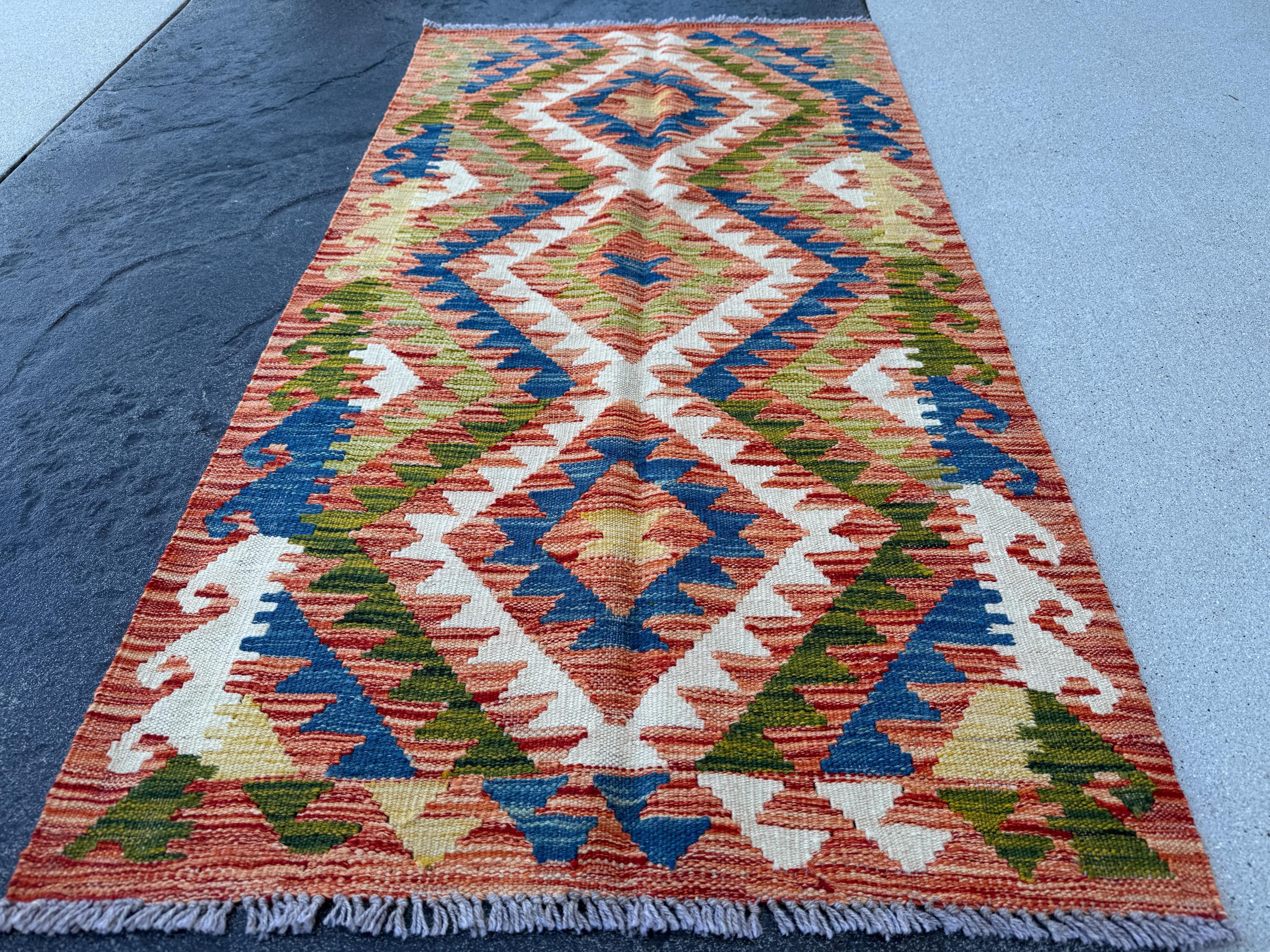3x5 (91x152) Handmade Afghan Kilim Rug | Black Burnt Orange Cream Beige Red Blue Teal Mint Green Purple | Wool Flatwoven