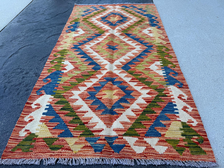 3x5 (91x152) Handmade Afghan Kilim Rug | Black Burnt Orange Cream Beige Red Blue Teal Mint Green Purple | Wool Flatwoven