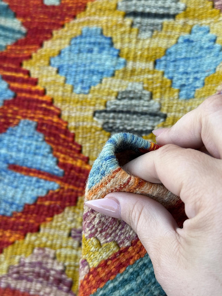 2x5 Handmade Afghan Kilim Runner Rug | Burnt Orange Rust Red Mustard Yellow Sky Blue Aqua Teal Navy Green Grey Purple Cream | Wool Flatwoven