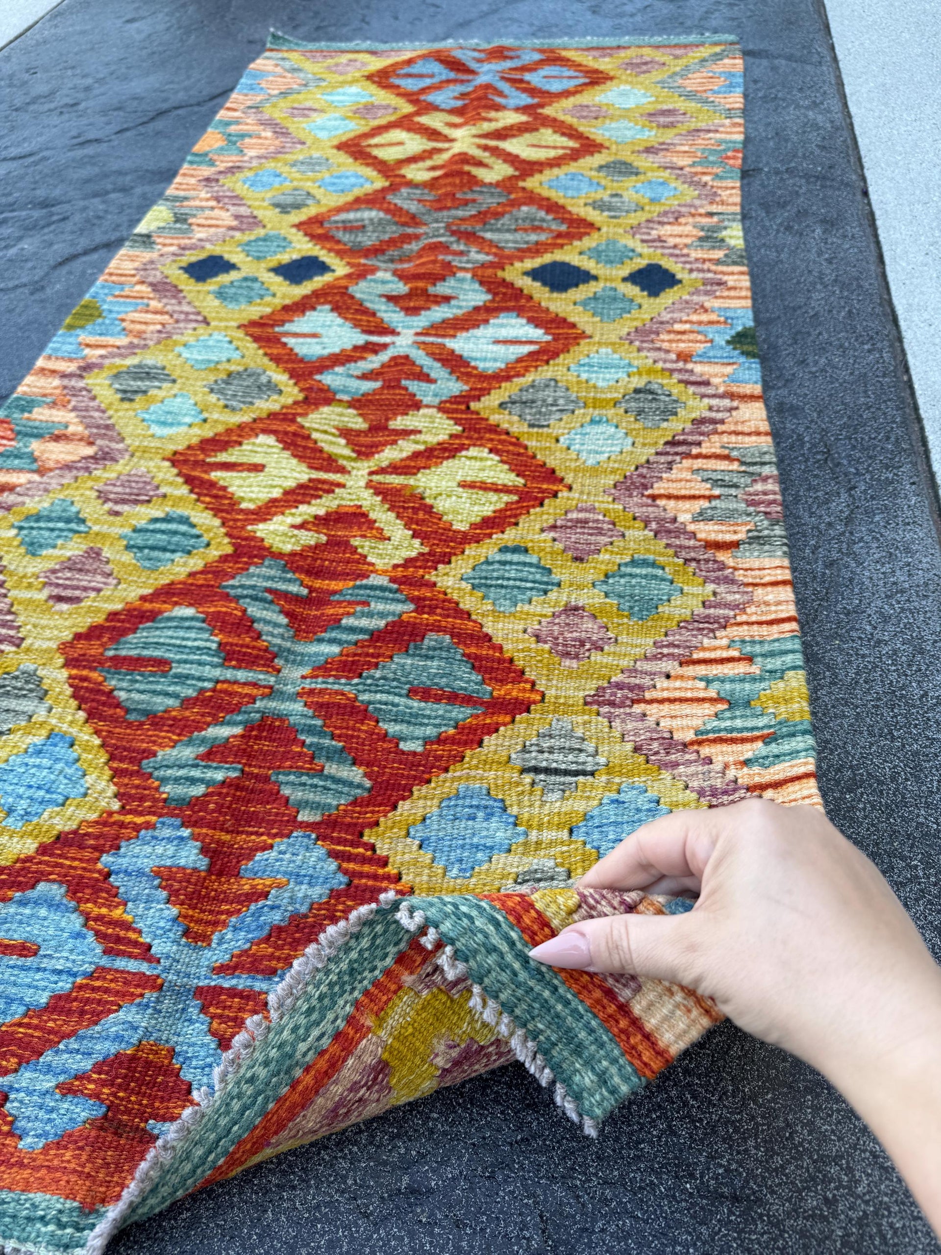 2x5 Handmade Afghan Kilim Runner Rug | Burnt Orange Rust Red Mustard Yellow Sky Blue Aqua Teal Navy Green Grey Purple Cream | Wool Flatwoven