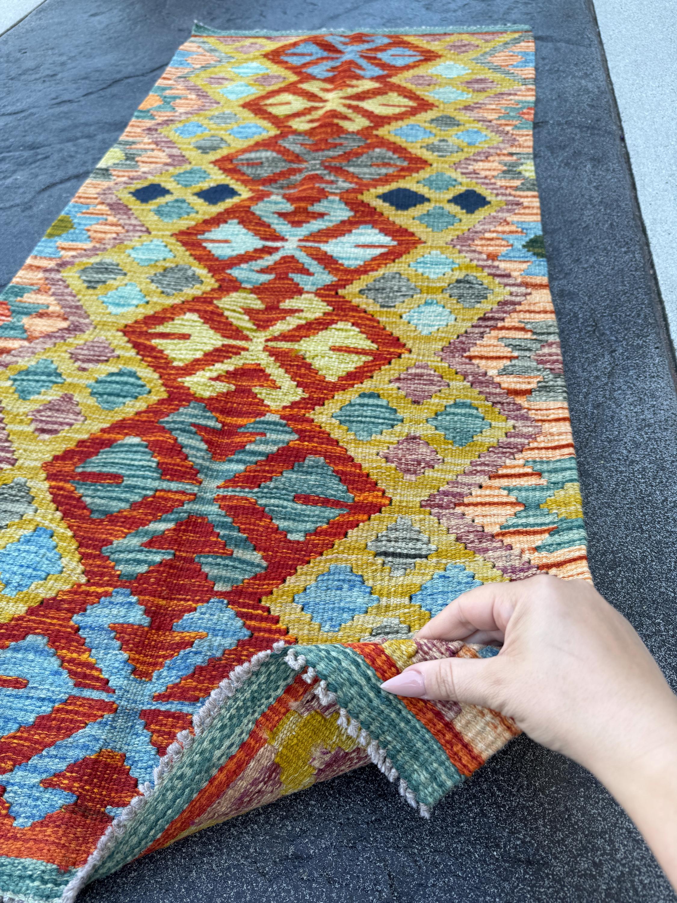2x5 Handmade Afghan Kilim Runner Rug | Burnt Orange Rust Red Mustard Yellow Sky Blue Aqua Teal Navy Green Grey Purple Cream | Wool Flatwoven
