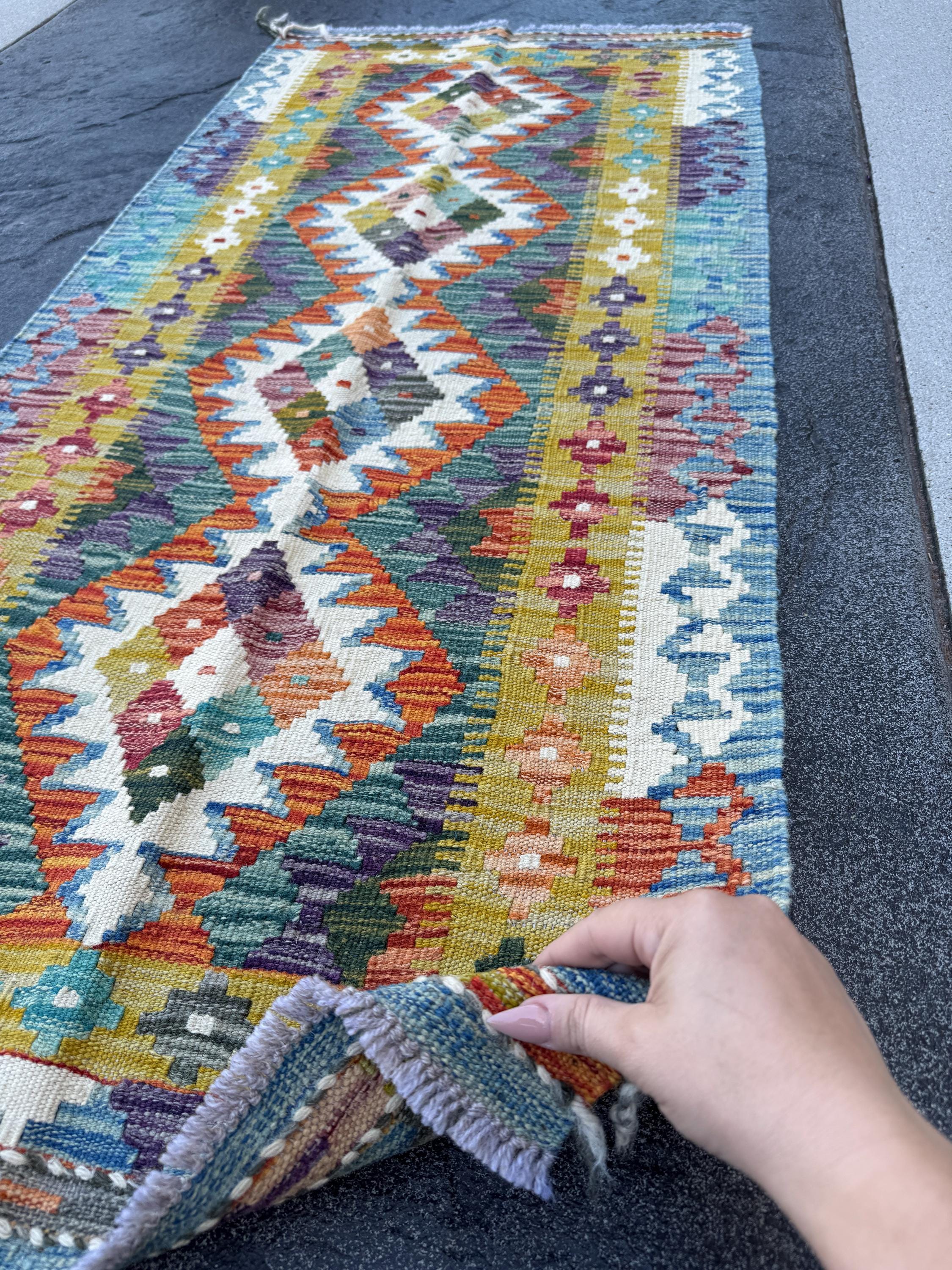 2x5 Handmade Afghan Kilim Runner Rug | Burnt Orange Rust Red Mustard Yellow Cream White Olive Green Teal Aqua Blue Navy Purple Grey | Wool