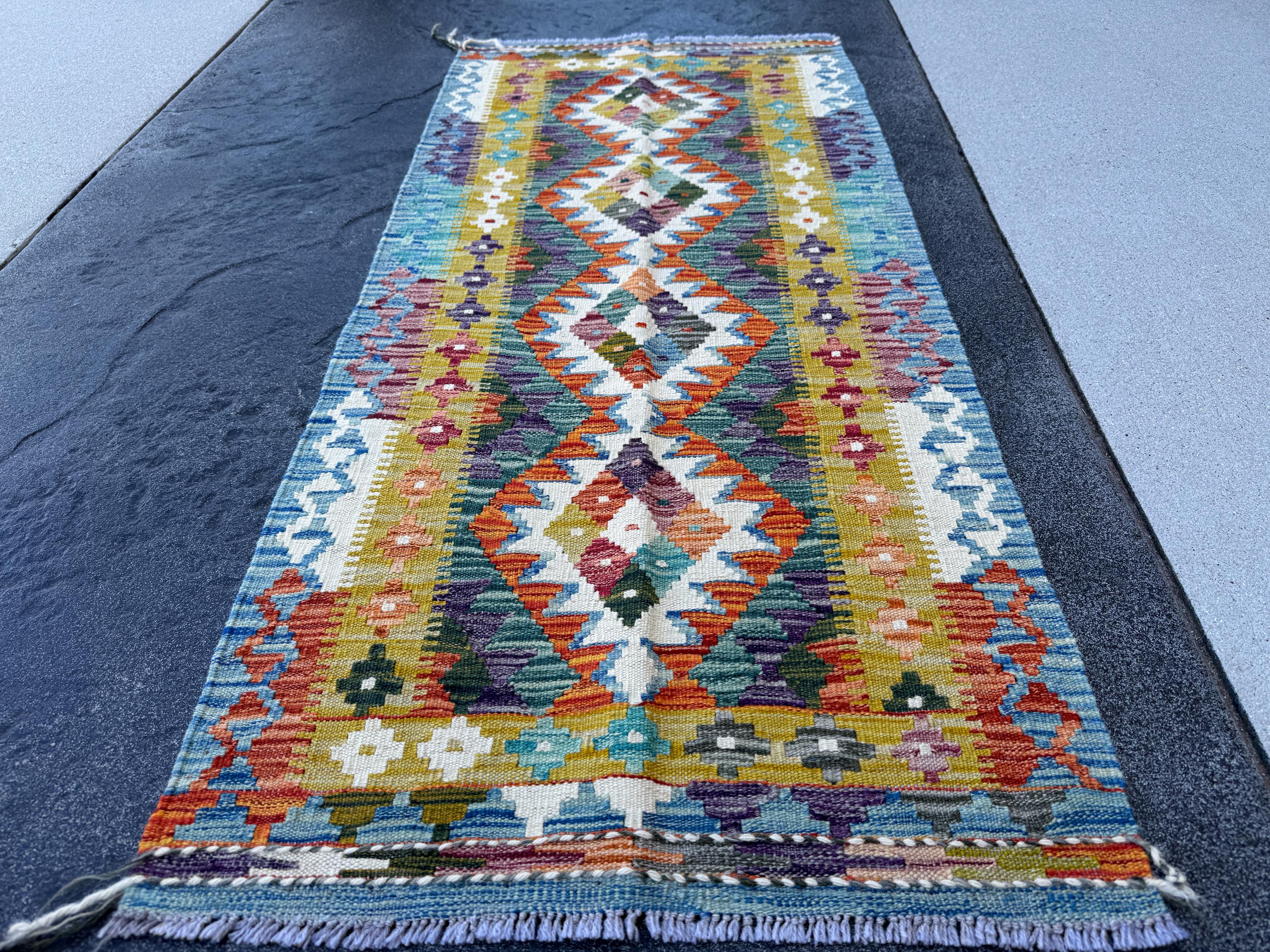 2x5 Handmade Afghan Kilim Runner Rug | Burnt Orange Rust Red Mustard Yellow Cream White Olive Green Teal Aqua Blue Navy Purple Grey | Wool