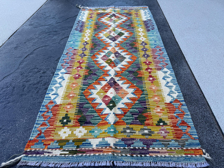 2x5 Handmade Afghan Kilim Runner Rug | Burnt Orange Rust Red Mustard Yellow Cream White Olive Green Teal Aqua Blue Navy Purple Grey | Wool