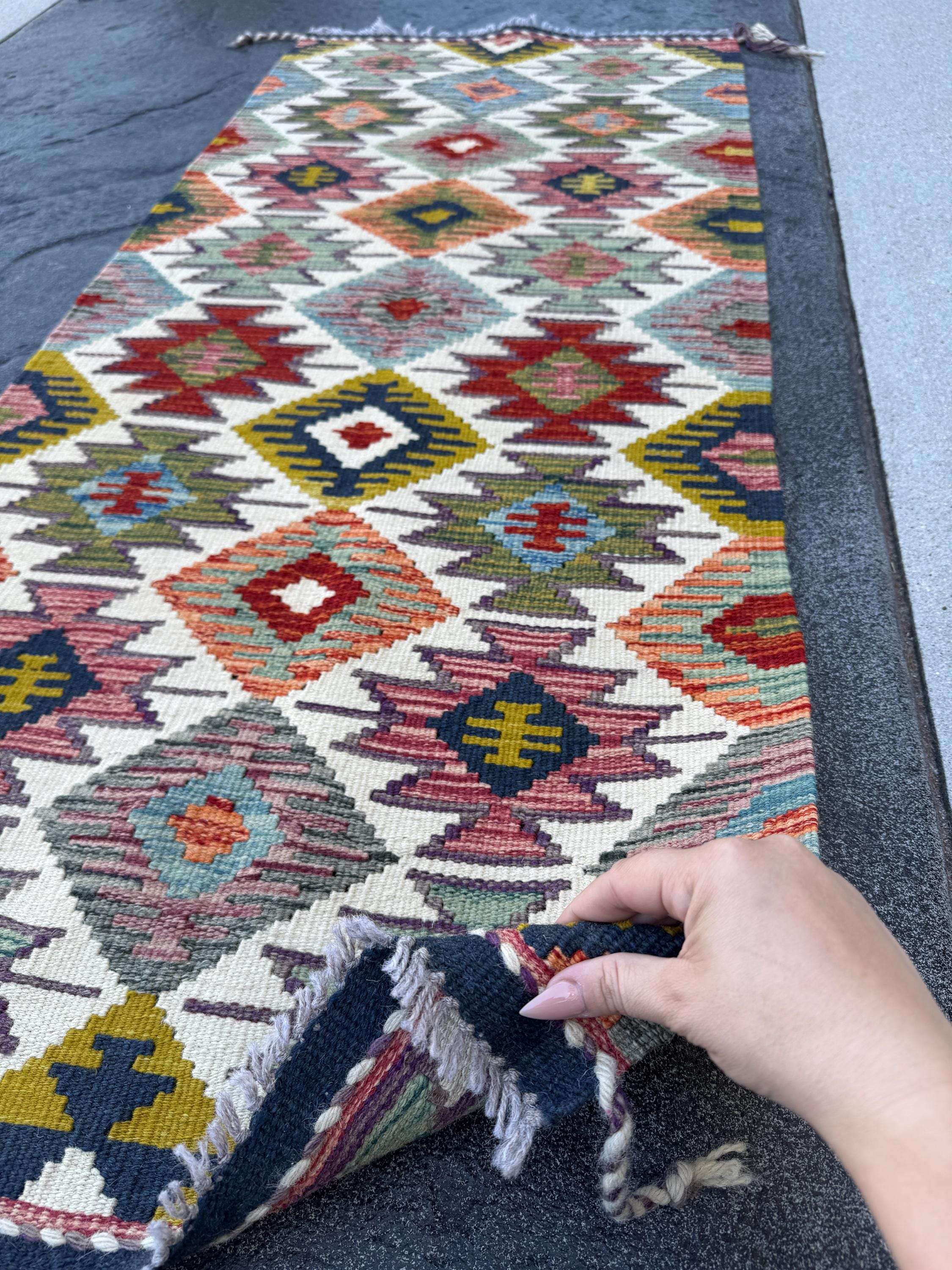 2x5 Handmade Afghan Kilim Runner Rug | Cream Rust Red Burnt Orange Mustard Yellow Olive Green Teal Aqua Blue Navy Purple Grey | Flatwoven