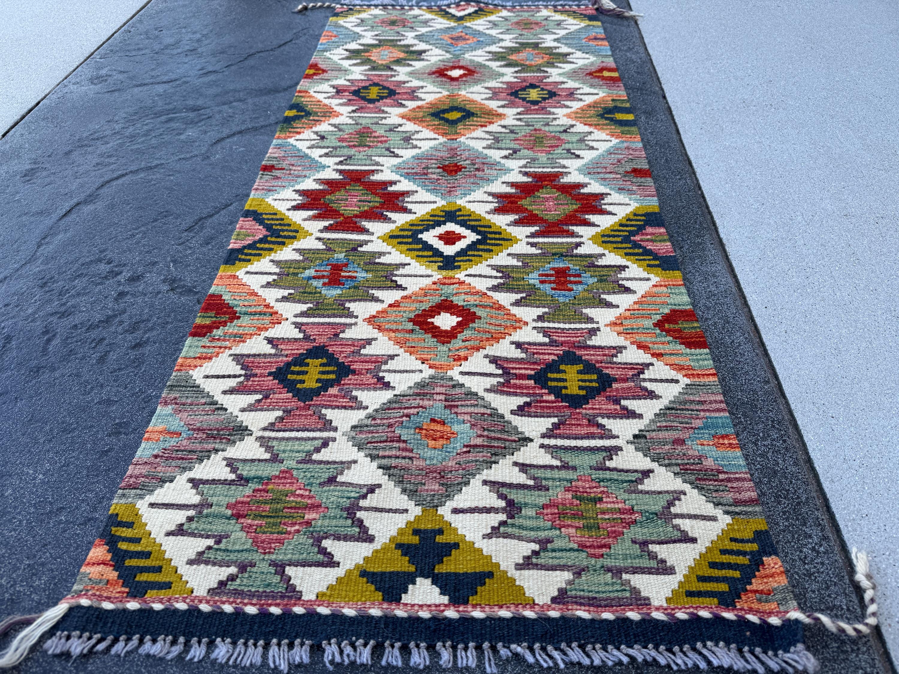 2x5 Handmade Afghan Kilim Runner Rug | Cream Rust Red Burnt Orange Mustard Yellow Olive Green Teal Aqua Blue Navy Purple Grey | Flatwoven