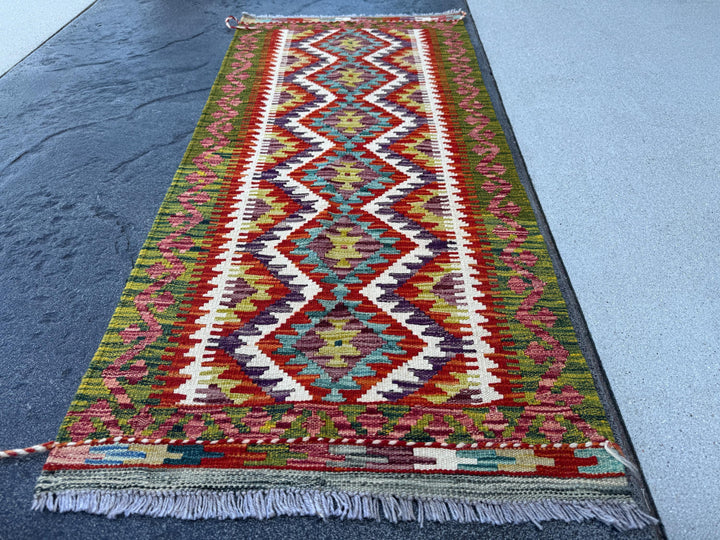 2x5 Handmade Afghan Kilim Runner Rug | Rust Red Cream White Olive Green Mustard Yellow Burnt Orange Teal Aqua Blue Purple Grey | Flatwoven