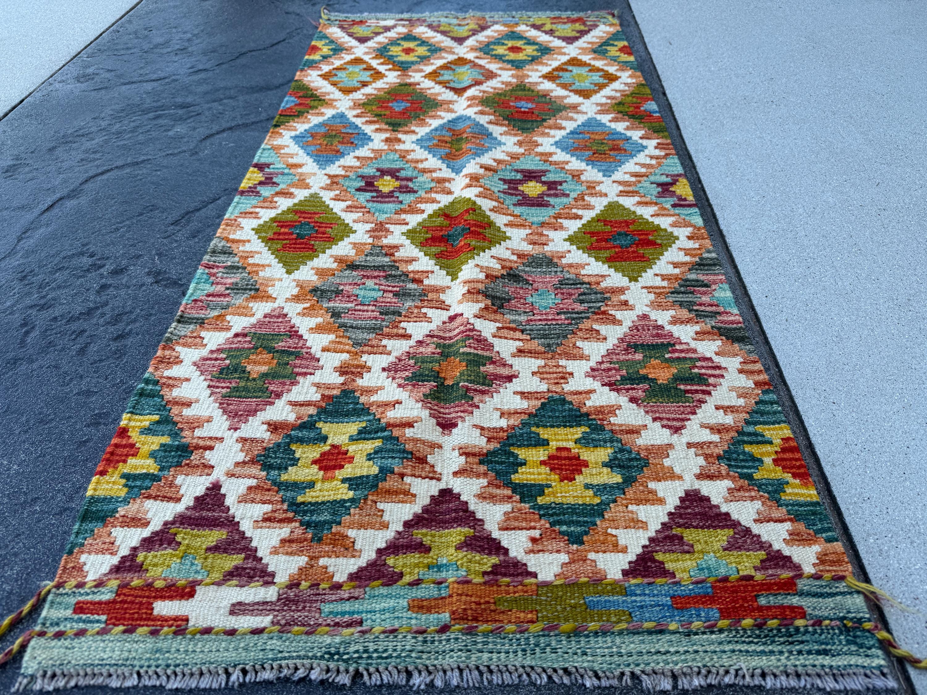2x5 Handmade Afghan Kilim Runner Rug | Cream White Rust Orange Mustard Yellow Olive Green Teal Aqua Blue Navy Purple Grey Red | Flatwoven