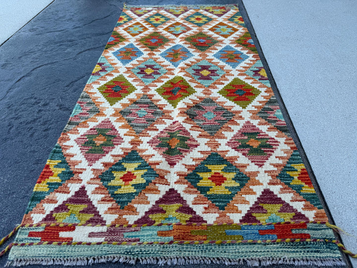 2x5 Handmade Afghan Kilim Runner Rug | Cream White Rust Orange Mustard Yellow Olive Green Teal Aqua Blue Navy Purple Grey Red | Flatwoven
