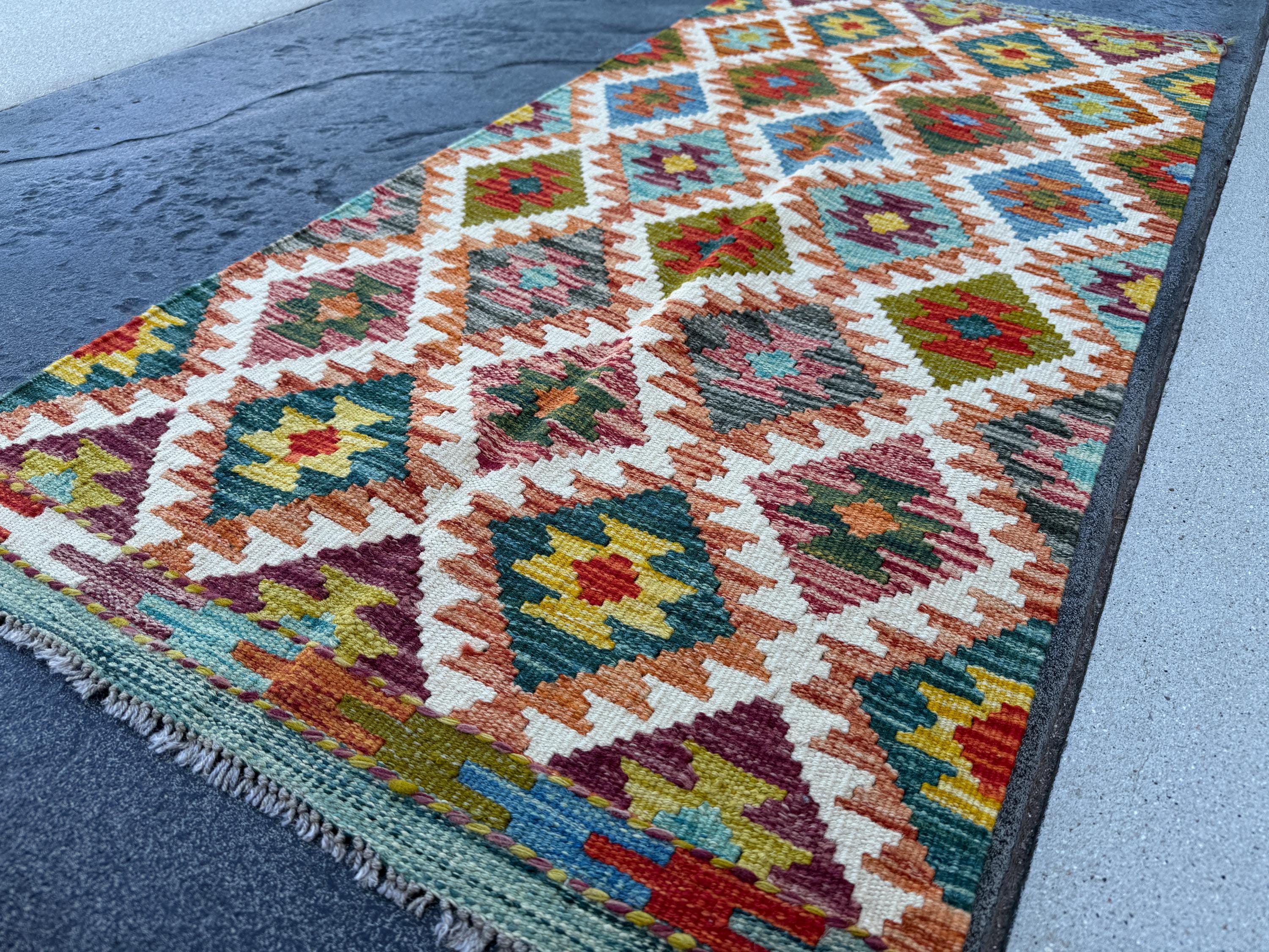 2x5 Handmade Afghan Kilim Runner Rug | Cream White Rust Orange Mustard Yellow Olive Green Teal Aqua Blue Navy Purple Grey Red | Flatwoven