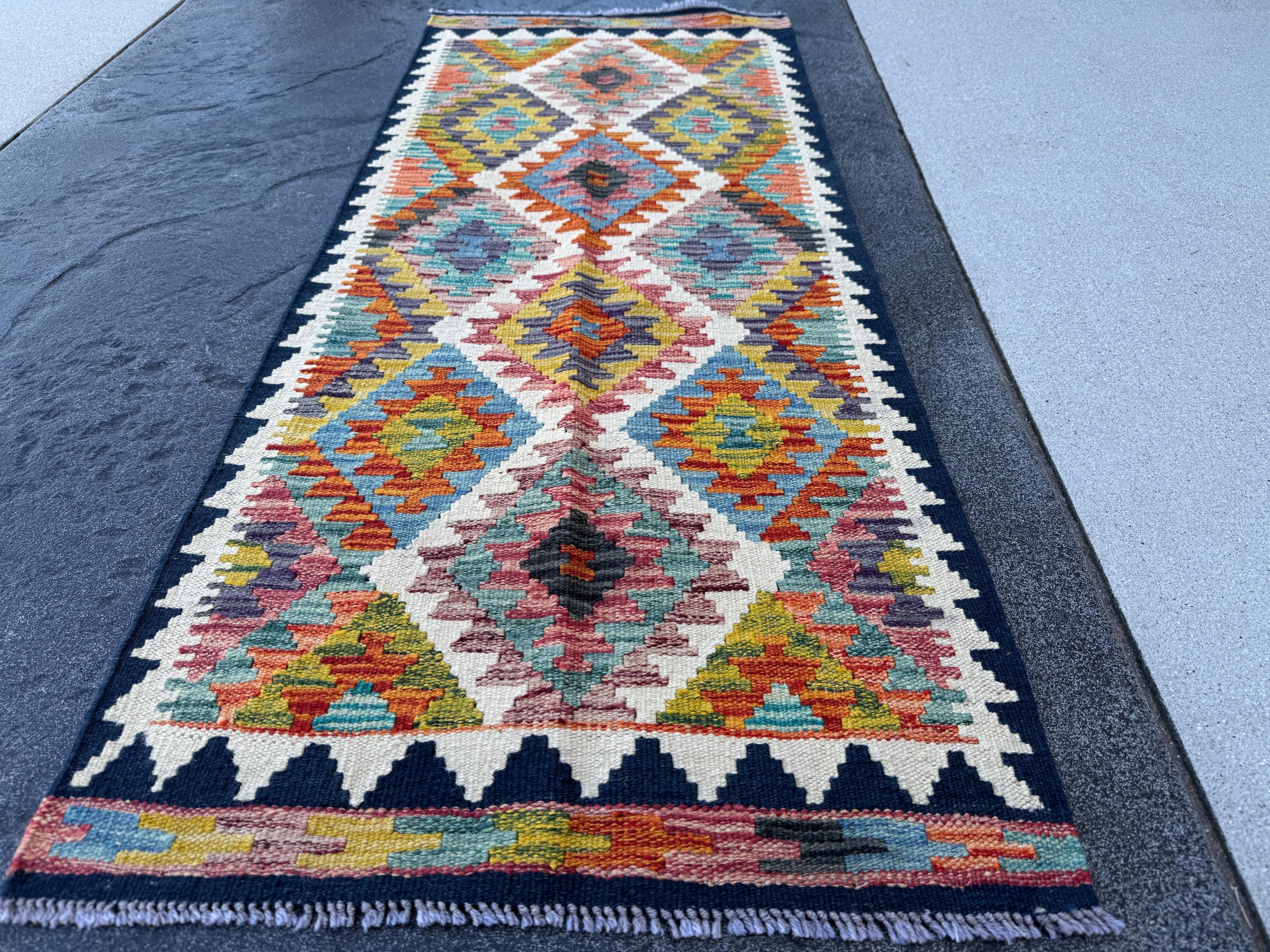 2x5 Handmade Afghan Kilim Runner Rug | Cream Navy Rust Red Burnt Orange Mustard Yellow Olive Green Teal Aqua Blue Purple White Grey | Wool