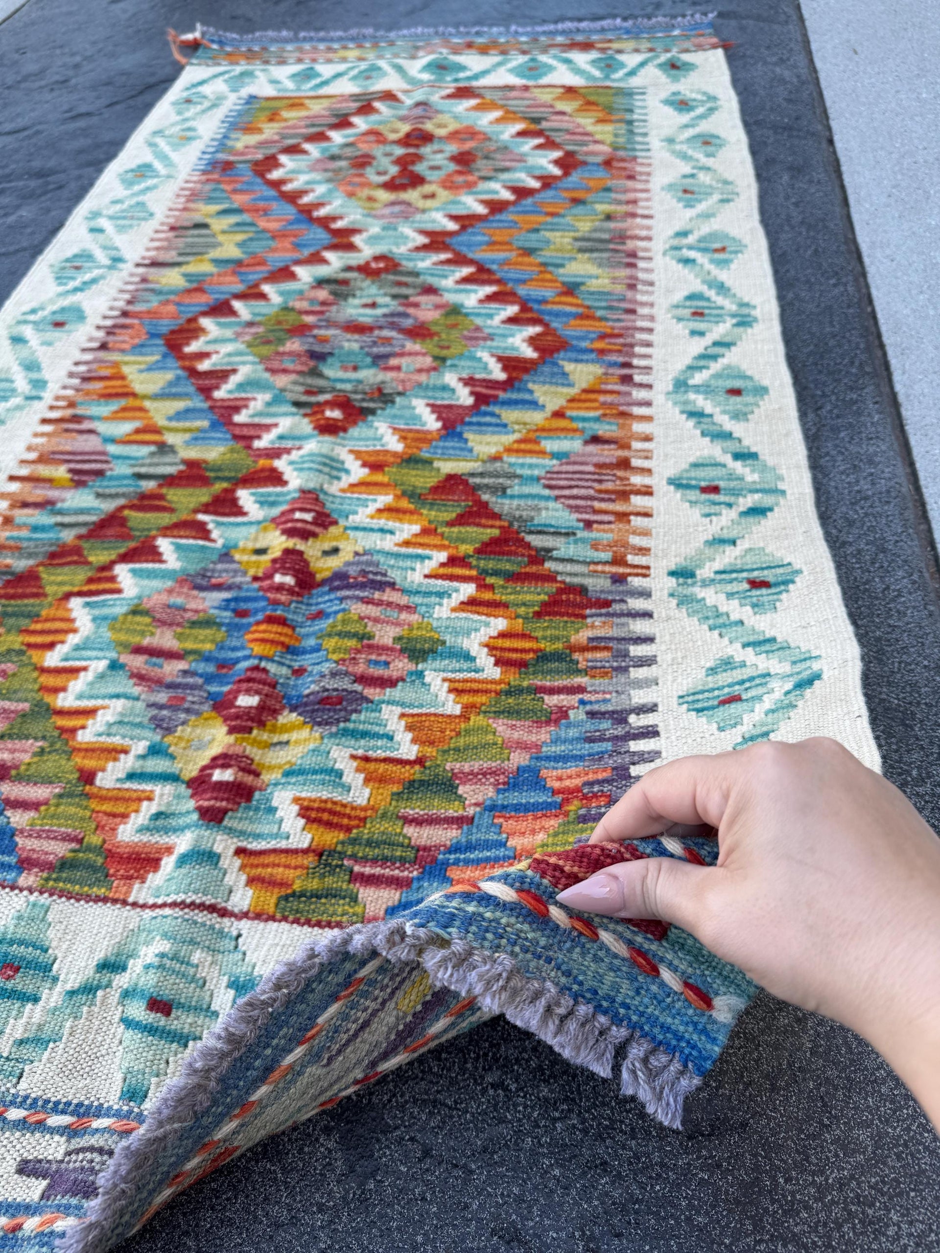 2x5 Handmade Afghan Kilim Runner Rug | Cream Red Rust Burnt Orange Mustard Yellow Olive Green Aqua Teal Blue Navy Purple White Grey | Wool
