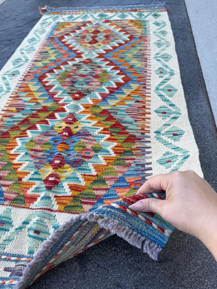2x5 Handmade Afghan Kilim Runner Rug | Cream Red Rust Burnt Orange Mustard Yellow Olive Green Aqua Teal Blue Navy Purple White Grey | Wool