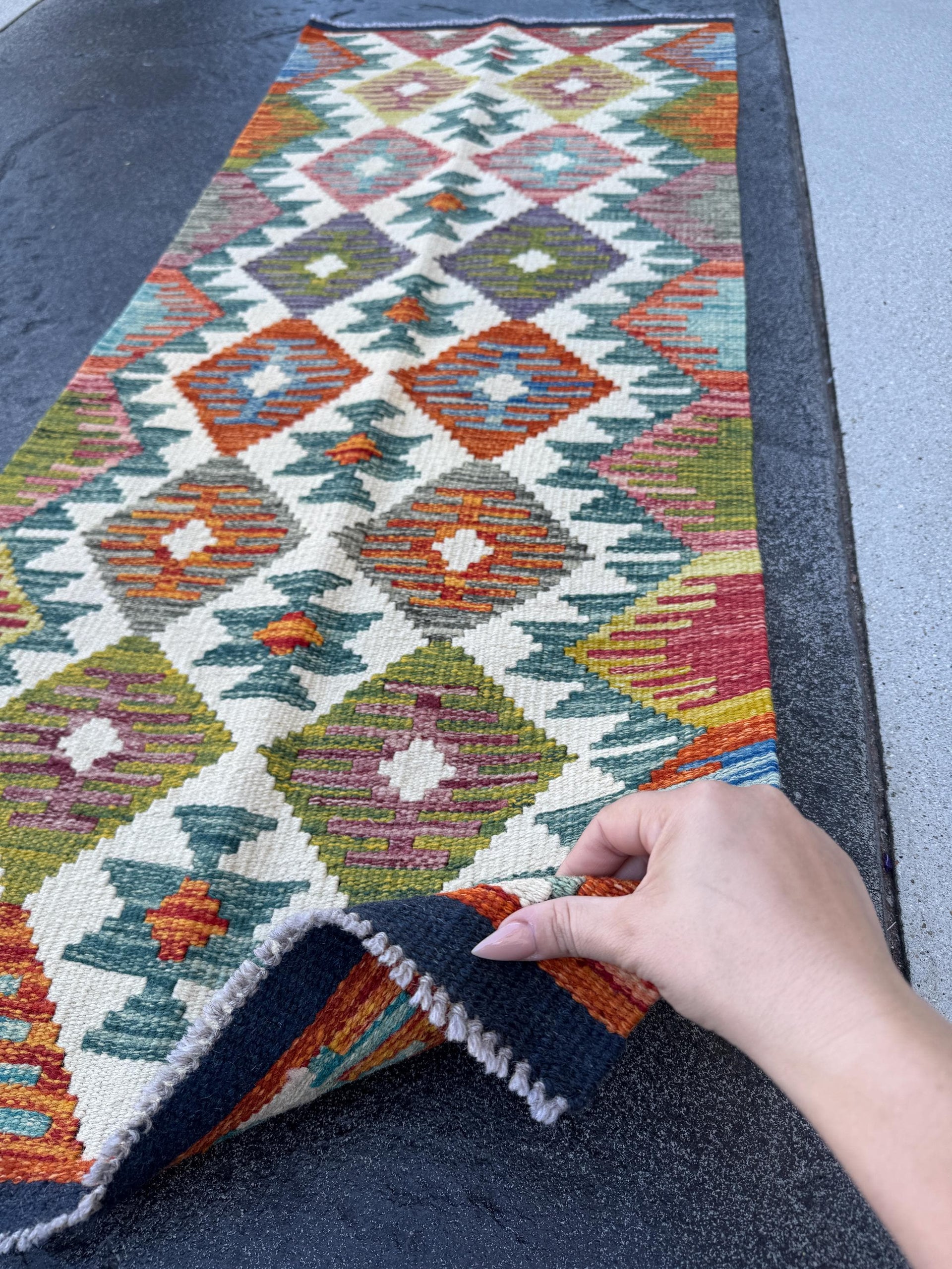 2x5 Handmade Afghan Kilim Runner Rug | Cream White Rust Red Burnt Orange Mustard Yellow Olive Green Teal Aqua Blue Navy Purple Grey | Wool