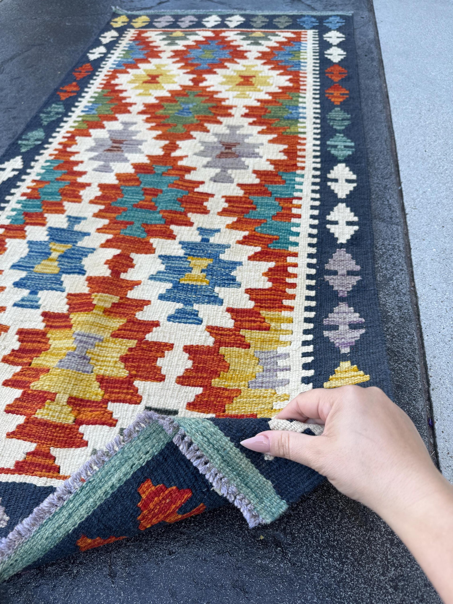 2x5 (61x152) Handmade Afghan Kilim Rug | Navy Denim Teal Royal Blue Burnt Orange Yellow White Cream Grey Black Red Purple | Wool