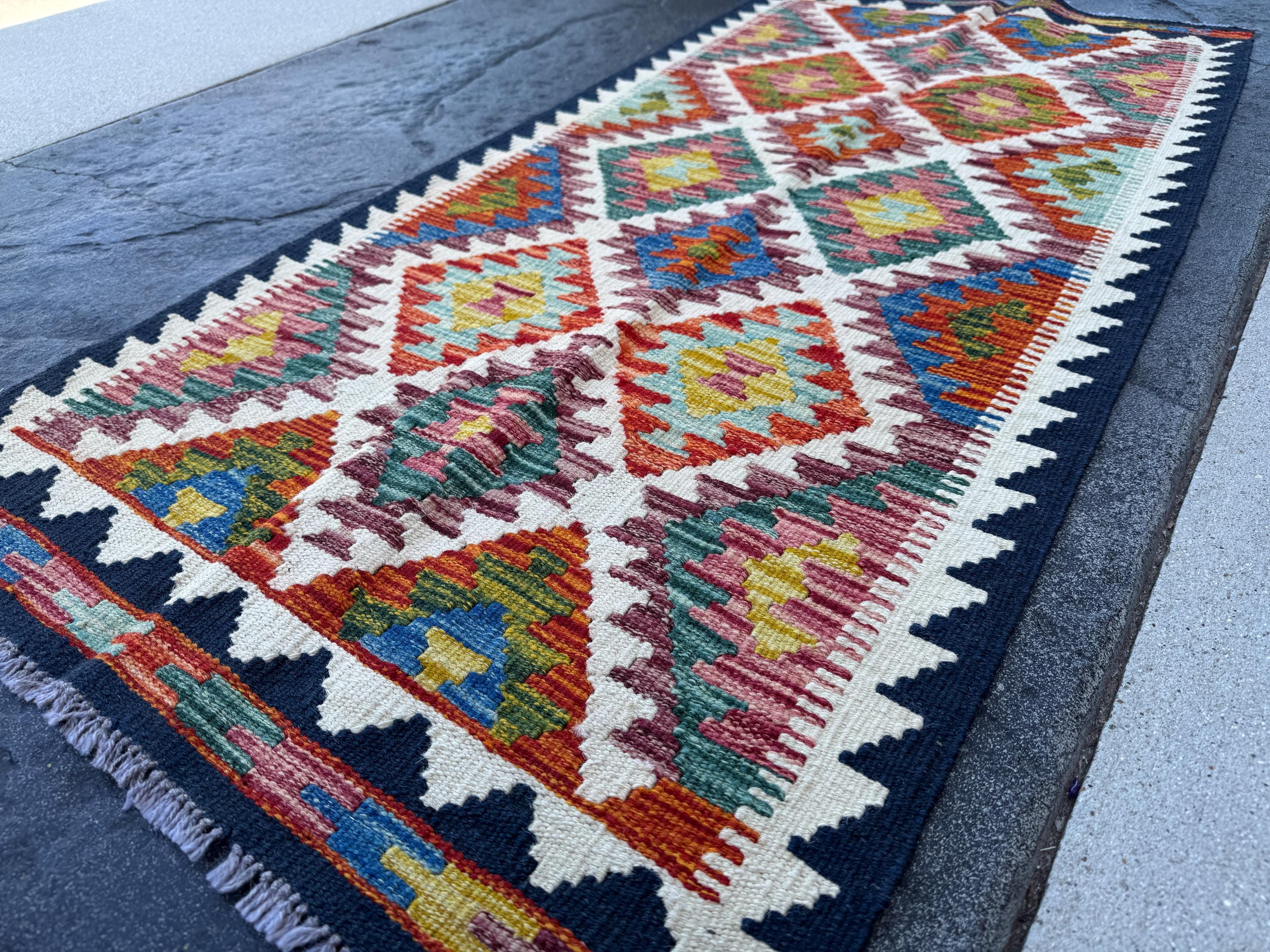 2x5 Handmade Afghan Kilim Runner Rug | Cream Navy Midnight Denim Teal Sky Blue Auburn Burgundy Brick Red Orange Moss Green Yellow Purple