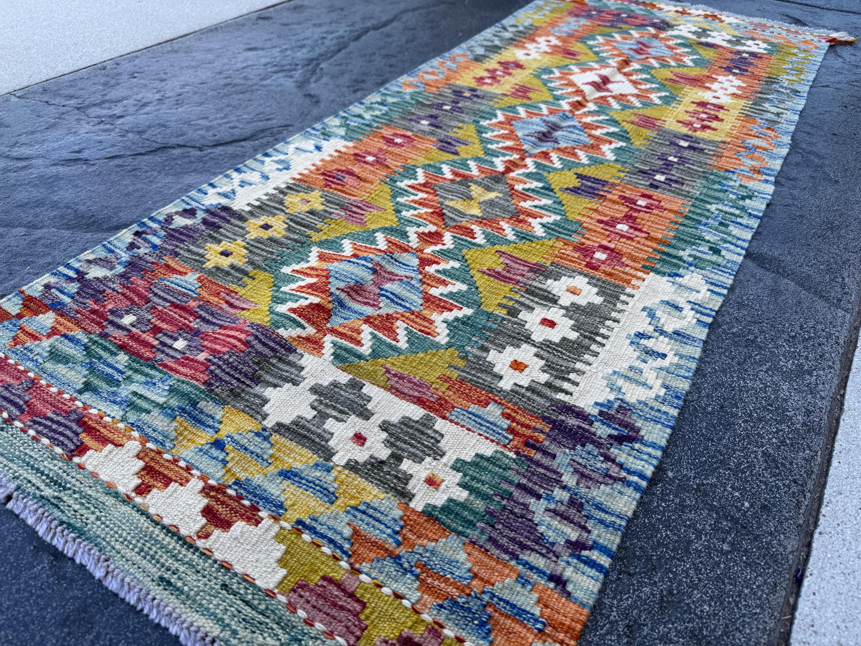 2x5 Handmade Afghan Kilim Runner Rug | Denim Baby Sky Teal Blue Grey Mustard Yellow Orange Burgundy Auburn Red Purple White Cream | Wool