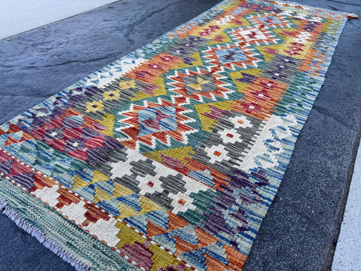 2x5 Handmade Afghan Kilim Runner Rug | Denim Baby Sky Teal Blue Grey Mustard Yellow Orange Burgundy Auburn Red Purple White Cream | Wool
