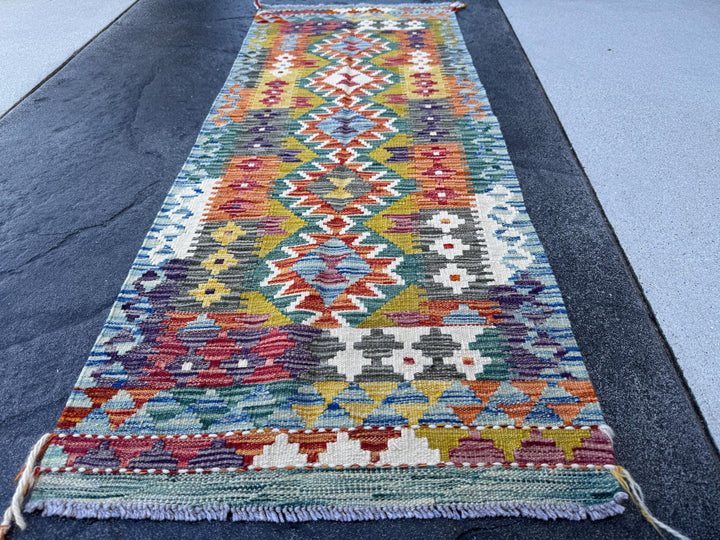 2x5 Handmade Afghan Kilim Runner Rug | Denim Baby Sky Teal Blue Grey Mustard Yellow Orange Burgundy Auburn Red Purple White Cream | Wool