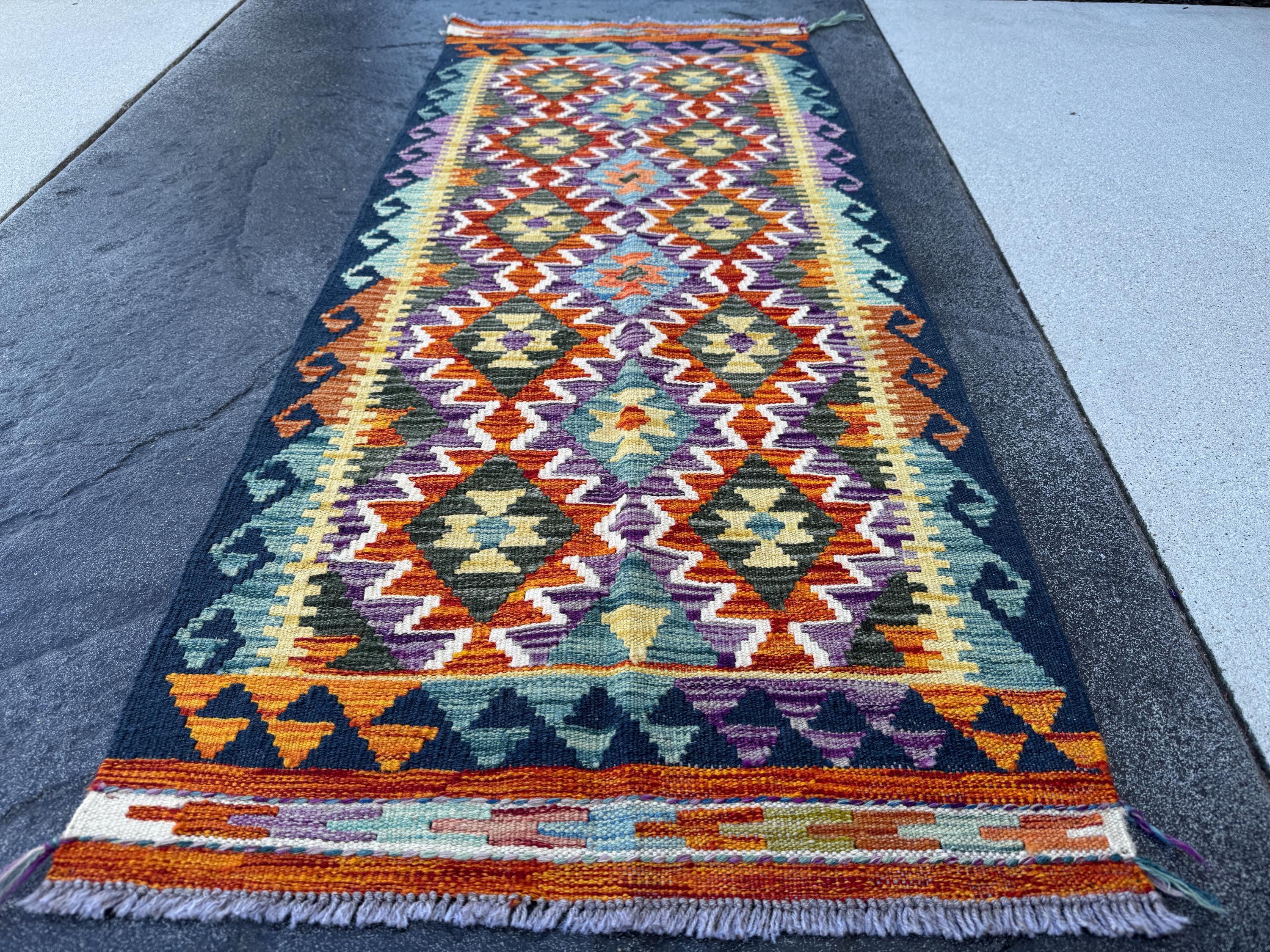 2x5 (61x152) Handmade Afghan Kilim Runner Rug | Navy Midnight Denim Blue Orange Purple Orange Grey Yellow White Cream Green | Wool Flatweave