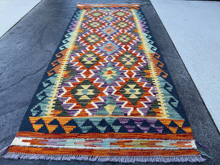 2x5 (61x152) Handmade Afghan Kilim Runner Rug | Navy Midnight Denim Blue Orange Purple Orange Grey Yellow White Cream Green | Wool Flatweave