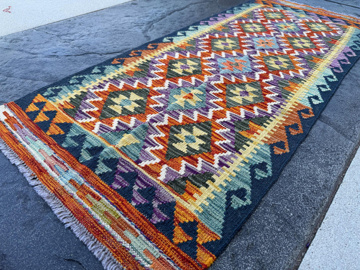 2x5 (61x152) Handmade Afghan Kilim Runner Rug | Navy Midnight Denim Blue Orange Purple Orange Grey Yellow White Cream Green | Wool Flatweave