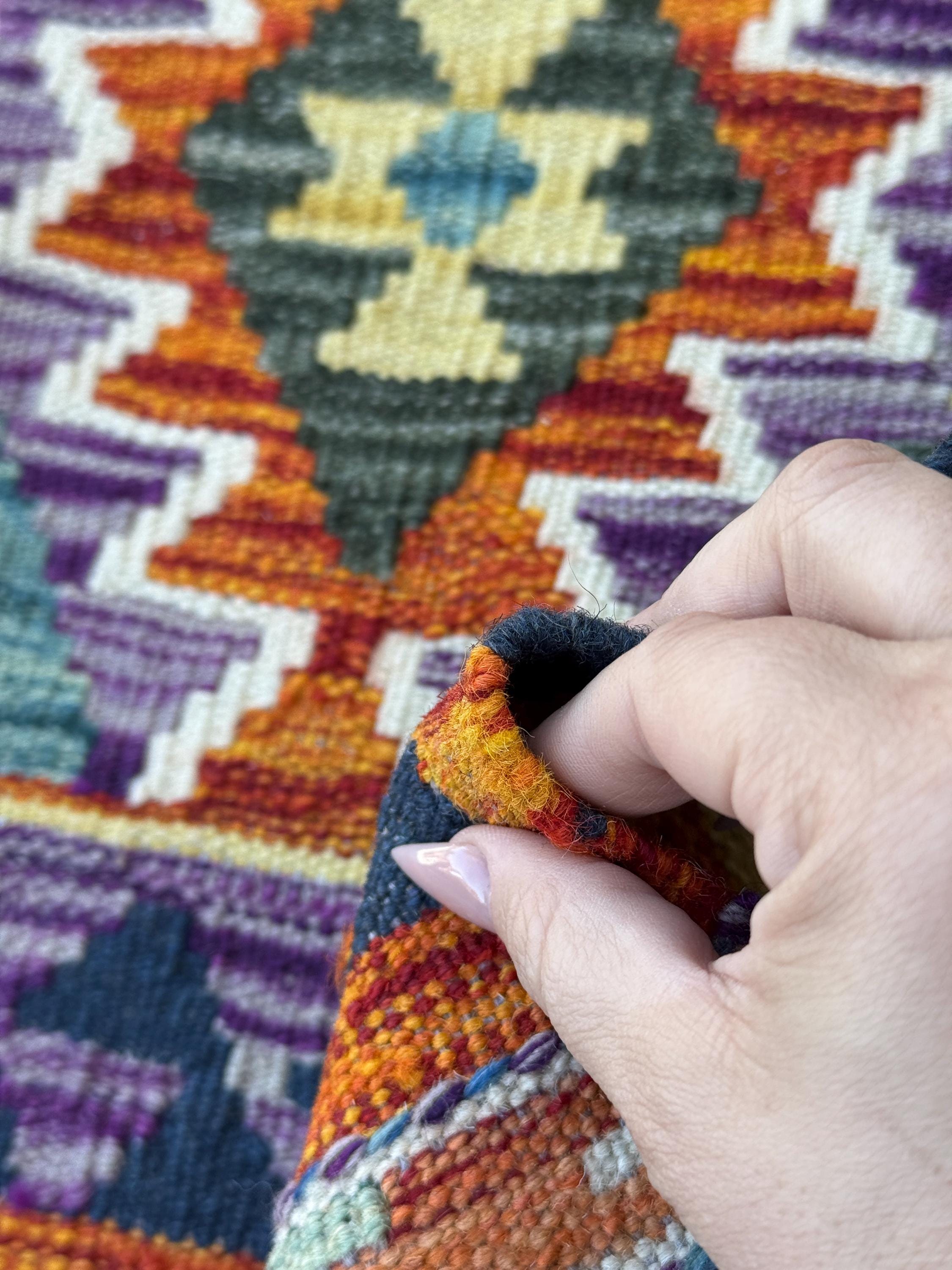 2x5 (61x152) Handmade Afghan Kilim Runner Rug | Navy Midnight Denim Blue Orange Purple Orange Grey Yellow White Cream Green | Wool Flatweave