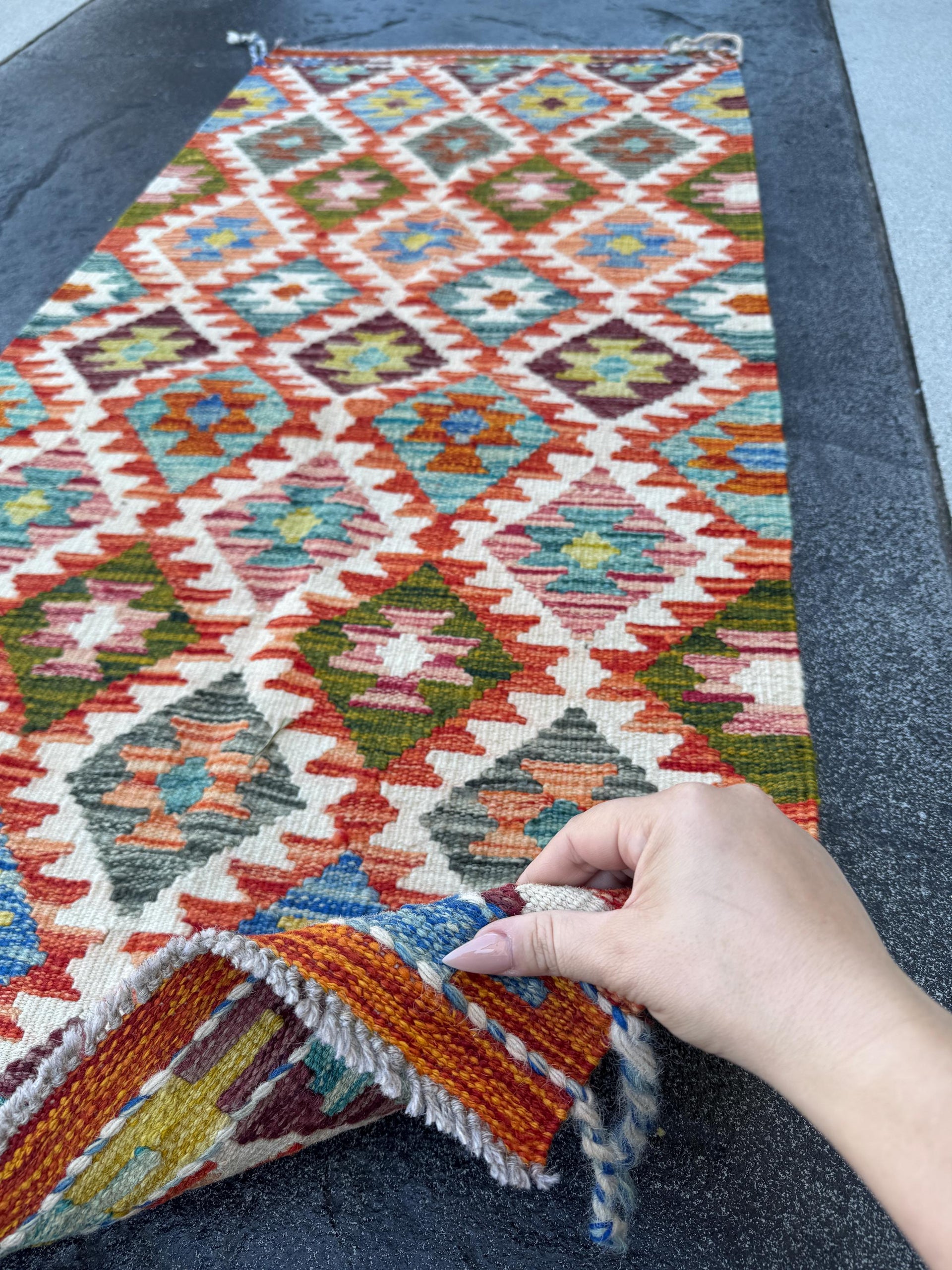 2x5 Handmade Afghan Kilim Runner Rug | Cream White Orange Moss Olive Green Denim Aqua Blue Yellow Grey Black Auburn Maroon Red | Wool