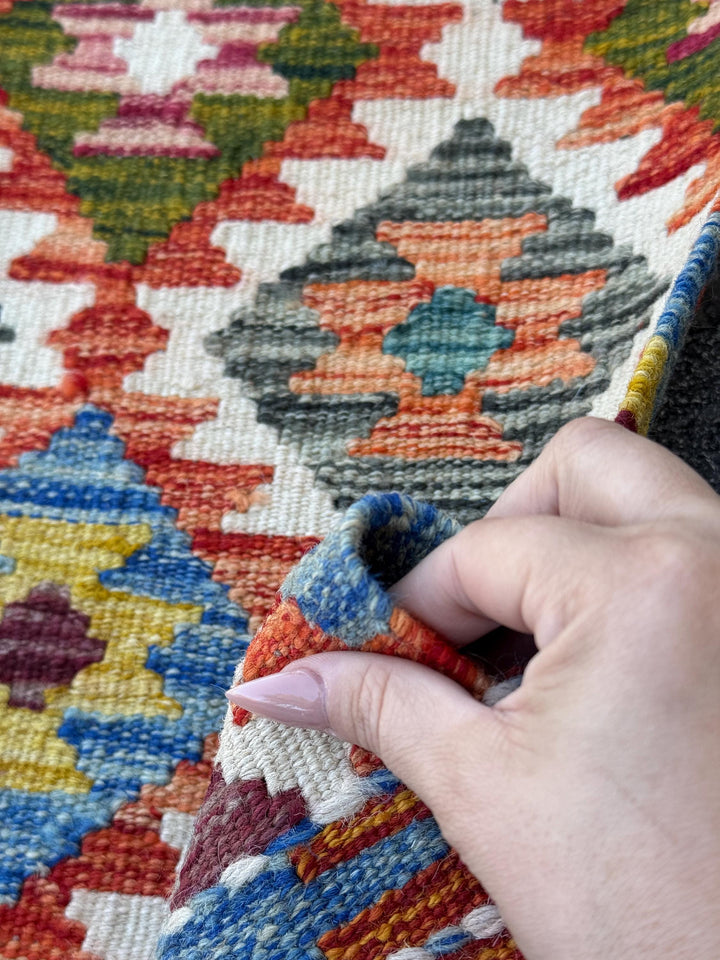 2x5 Handmade Afghan Kilim Runner Rug | Cream White Orange Moss Olive Green Denim Aqua Blue Yellow Grey Black Auburn Maroon Red | Wool