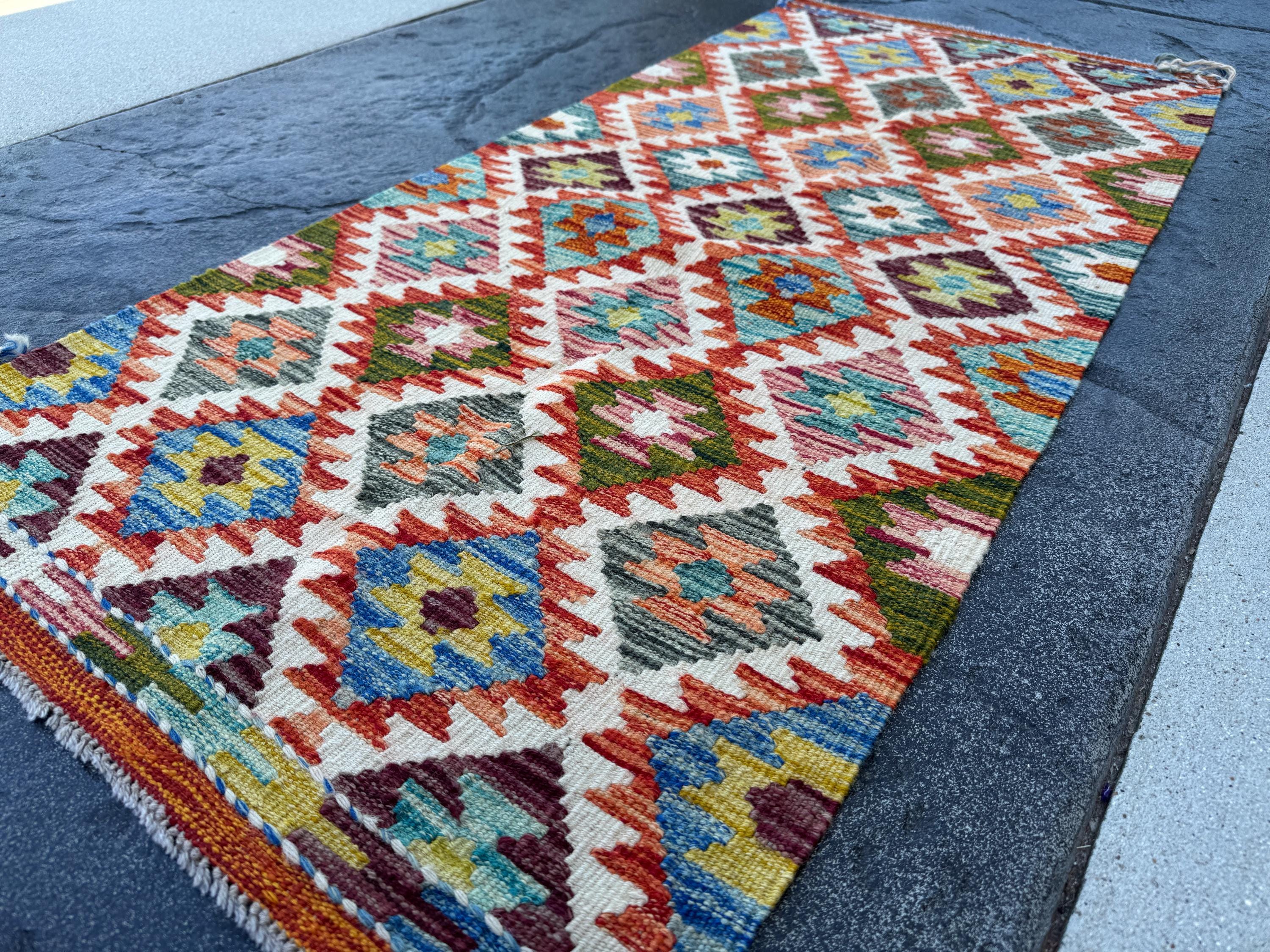 2x5 Handmade Afghan Kilim Runner Rug | Cream White Orange Moss Olive Green Denim Aqua Blue Yellow Grey Black Auburn Maroon Red | Wool