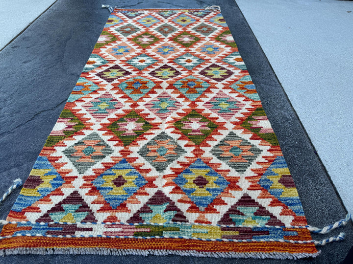 2x5 Handmade Afghan Kilim Runner Rug | Cream White Orange Moss Olive Green Denim Aqua Blue Yellow Grey Black Auburn Maroon Red | Wool