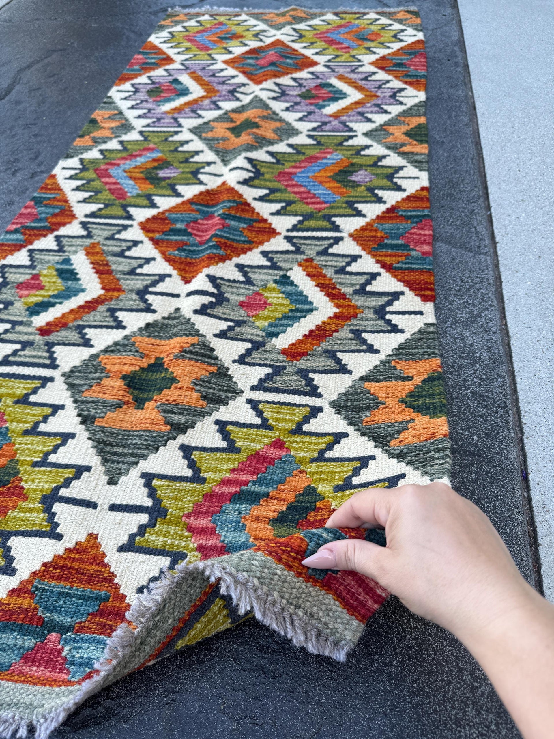 2x5 (61x152) Handmade Afghan Kilim Runner Rug | Cream White Denim Navy Blue Grey Moss Olive Green Brick Rose Crimson Red | Wool Flatweave