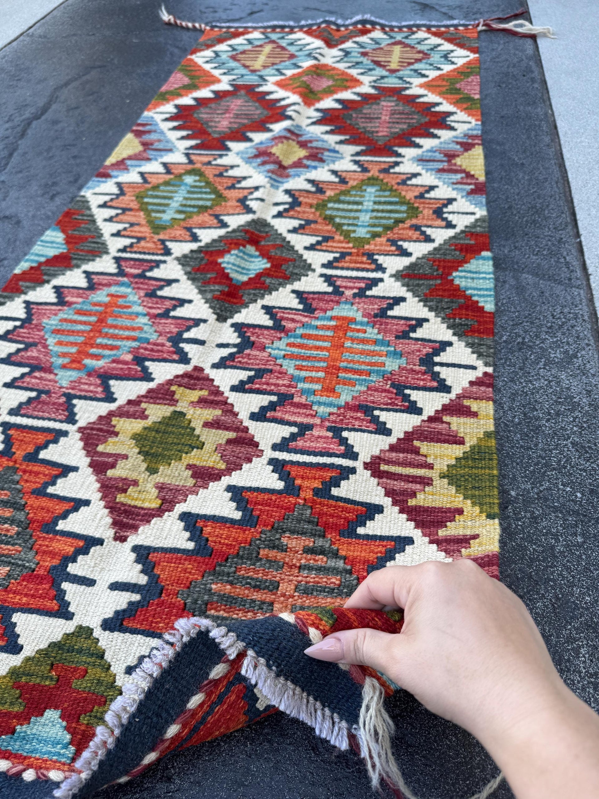 2x5 (61x152) Handmade Afghan Kilim Runner Rug | Orange Coral White Cream Navy Midnight Aqua Baby Blue Yellow Moss Olive Green Grey | Wool