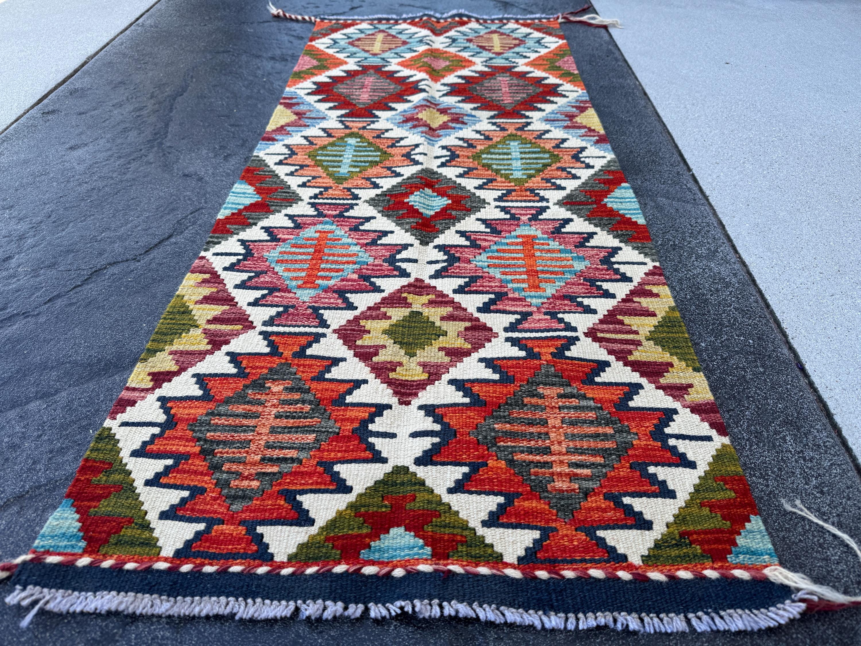 2x5 (61x152) Handmade Afghan Kilim Runner Rug | Orange Coral White Cream Navy Midnight Aqua Baby Blue Yellow Moss Olive Green Grey | Wool