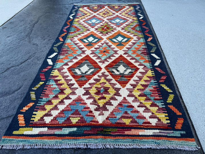 2x5 Handmade Afghan Kilim Runner Rug | Navy Denim Baby Blue Teal Crimson Blood Brick Red Orange Coral White Maroon Auburn Grey Yellow | Wool