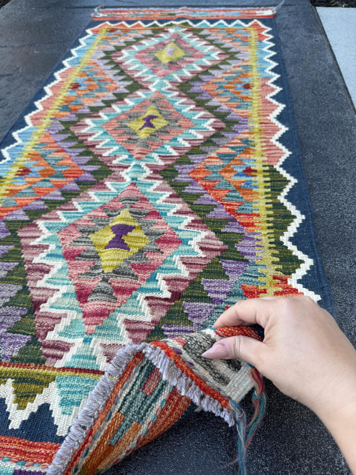 2x5 Handmade Afghan Kilim Runner Rug | Navy Midnight Baby Denim Blue Forest Olive Green Auburn Blood Red Orange White Cream Grey Purple