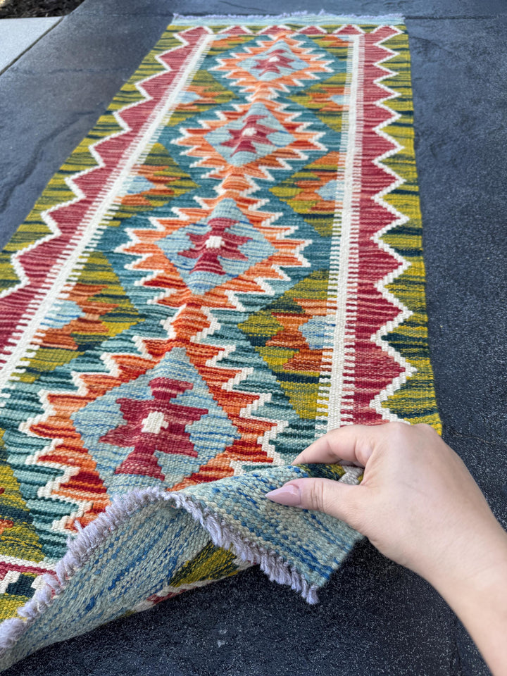 2x5 (61x152) Handmade Afghan Kilim Runner Rug | Denim Sky Aqua Blue Teal Maroon Auburn Red Orange White Moss Green | Wool Flatweave