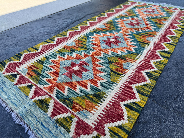 2x5 (61x152) Handmade Afghan Kilim Runner Rug | Denim Sky Aqua Blue Teal Maroon Auburn Red Orange White Moss Green | Wool Flatweave