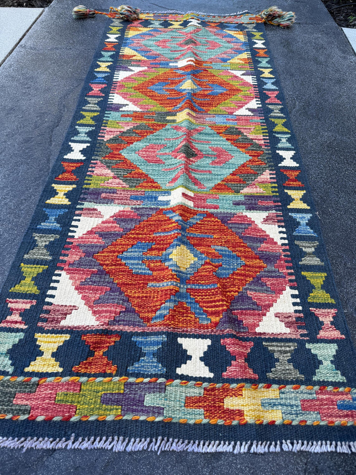 2x5 Handmade Afghan Kilim Runner Rug | Navy Sky Denim Aqua Blue Brick Crimson Red Burnt Orange Moss Olive Green White Purple Yellow | Wool