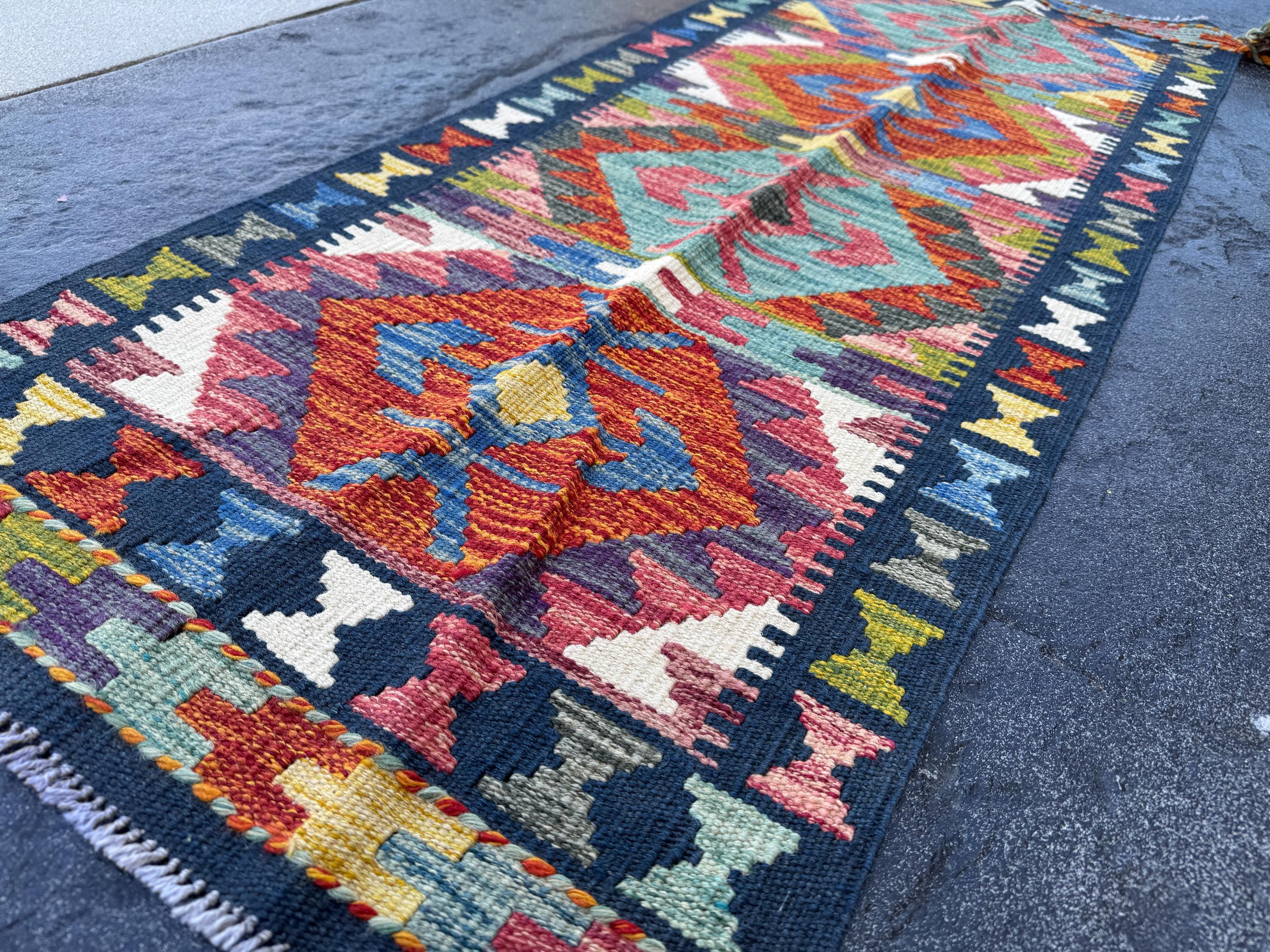 2x5 Handmade Afghan Kilim Runner Rug | Navy Sky Denim Aqua Blue Brick Crimson Red Burnt Orange Moss Olive Green White Purple Yellow | Wool