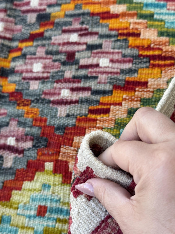 2x5 (61x152) Handmade Afghan Kilim Runner Rug | Auburn Blood Red Orange Lime Mint Green Purple Yellow Aqua Sky Blue Black Grey White | Wool