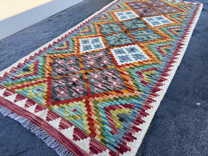 2x5 (61x152) Handmade Afghan Kilim Runner Rug | Auburn Blood Red Orange Lime Mint Green Purple Yellow Aqua Sky Blue Black Grey White | Wool
