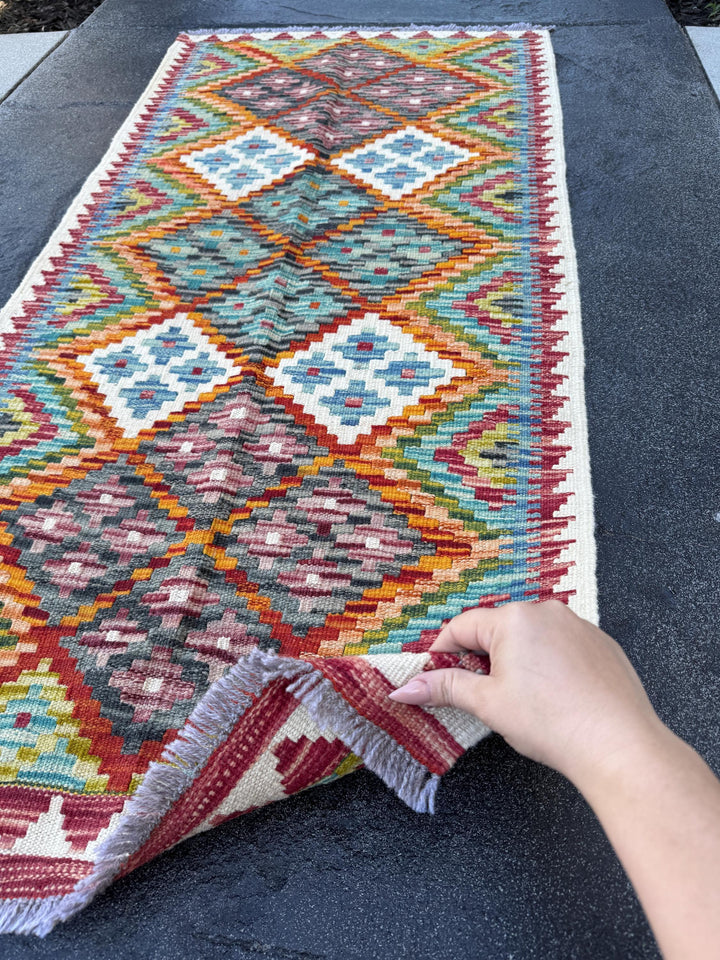 2x5 (61x152) Handmade Afghan Kilim Runner Rug | Auburn Blood Red Orange Lime Mint Green Purple Yellow Aqua Sky Blue Black Grey White | Wool