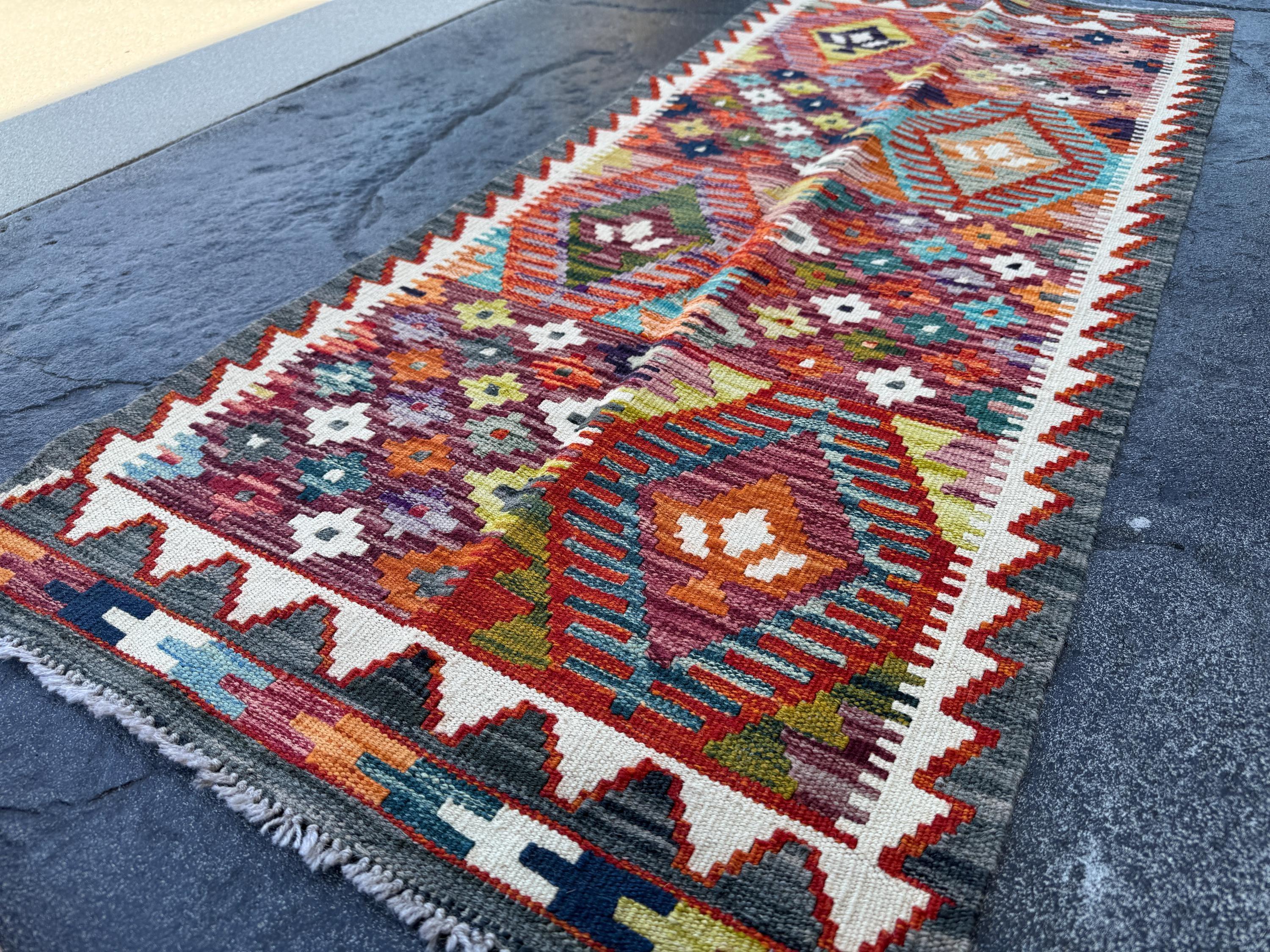 2x5 Handmade Afghan Kilim Runner Rug | Crimson Scarlet Brick Red Black Grey White Denim Aqua Blue Orange Moss Olive Green Purple | Wool