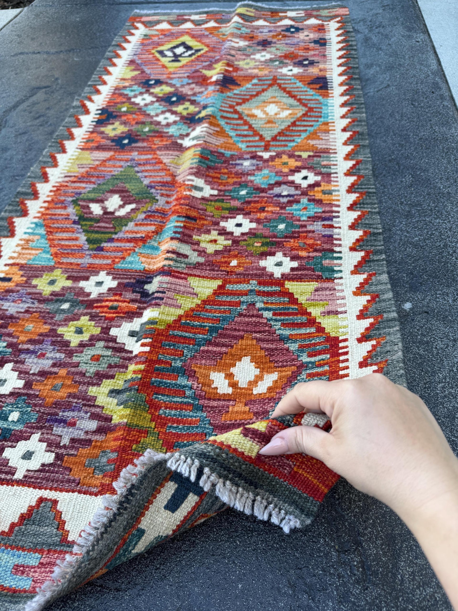 2x5 Handmade Afghan Kilim Runner Rug | Crimson Scarlet Brick Red Black Grey White Denim Aqua Blue Orange Moss Olive Green Purple | Wool