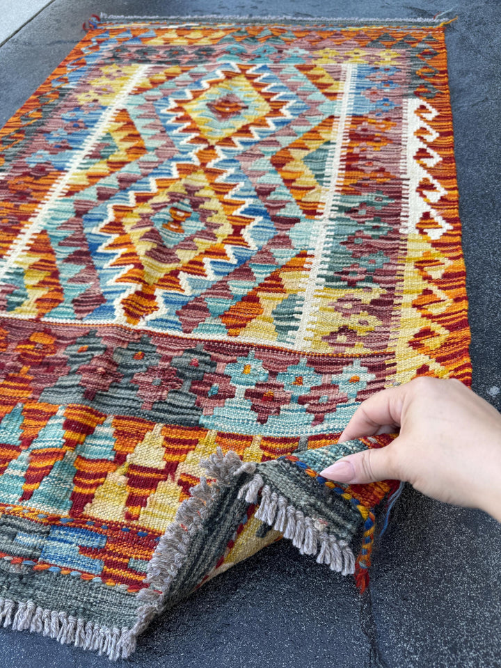 3x4 (91x121) Handmade Afghan Kilim Rug | Burnt Orange Grey Black White Cream Yellow Teal Midnight Denim Blue Maroon Burgundy Red | Wool
